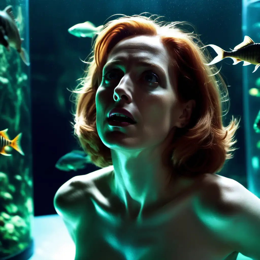 Close up of agent Dana Scully nude looking up into a huge aquarium in a dark laboratory with look of ecstatic pleasure on her face
