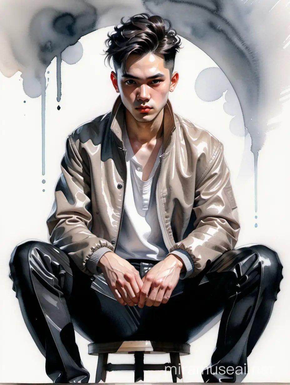 Alex Maleev watercolor art of pale smirking pretty boy nezha with double side bun hair wearing loose jacket and tight shiny leather pants and flat leather pumps sitting, big black eyes, no distortion, insanely high quality, insanely high detail, gray palette, seen from below