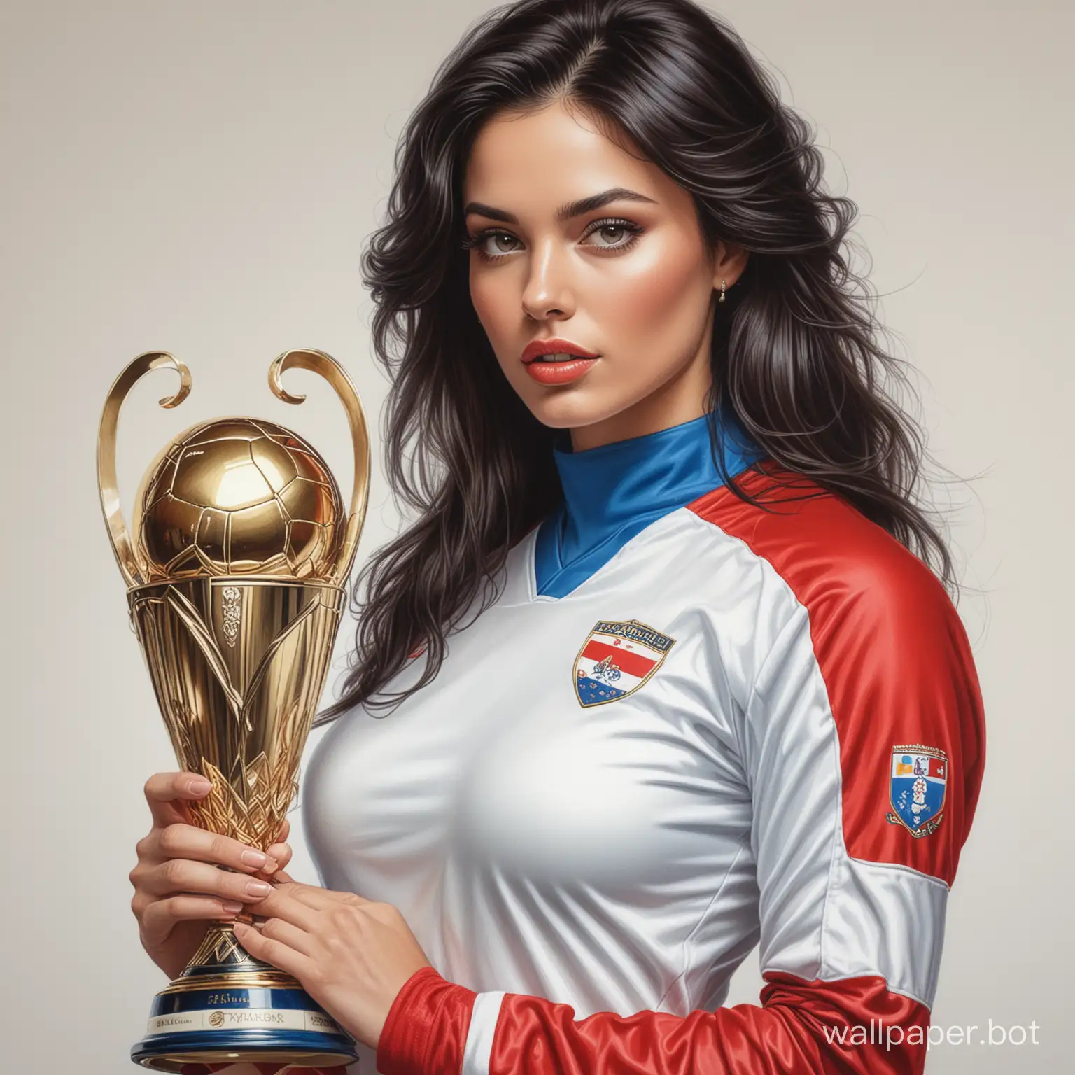 Sketch Alina Lanina 25 years old dark hair with styling 7th size chest narrow waist in white-red-blue football uniform, holding a large Champions Cup on a white background highly realistic drawing colored pencil style Boris Vallejo