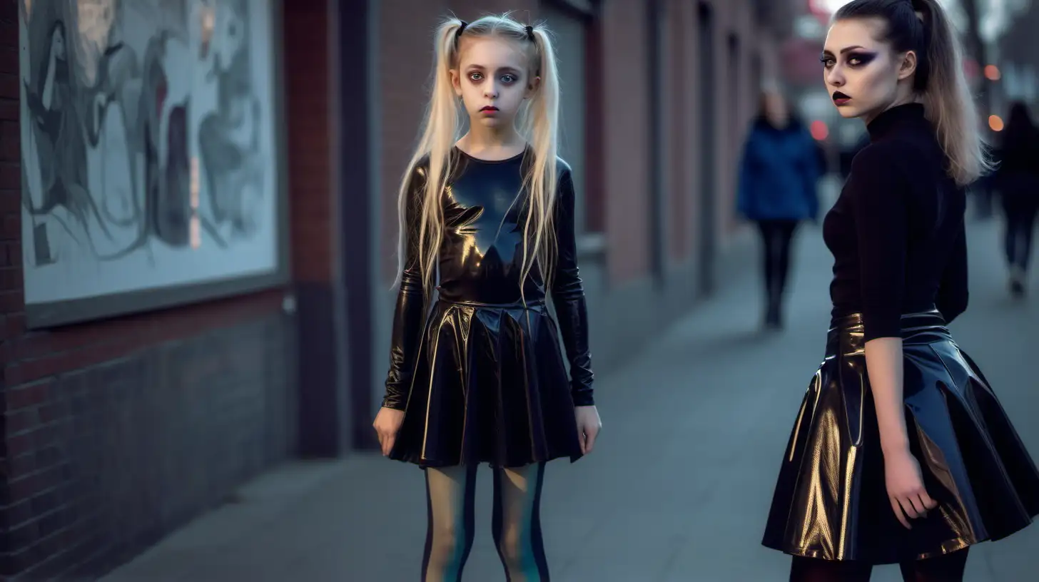 Gothic Little Girl and Mother in Latex Dresses on Street Bench