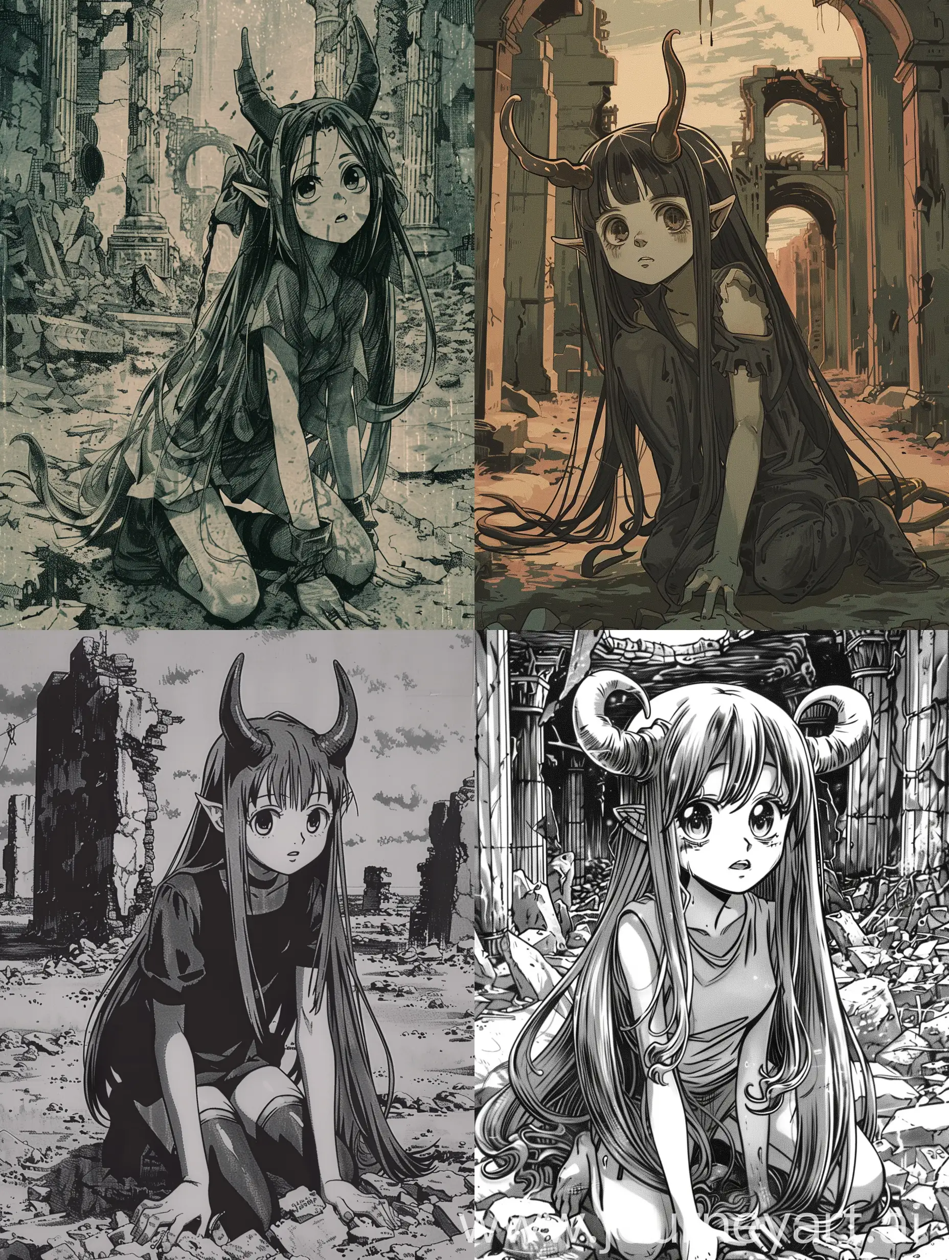 Devil girl character reminiscent of 90's anime and Studio Ghibli. She has large, expressive eyes reflecting innocence and mischief. Her long, flowing hair adorned with horns cascades around her. In a distopic ruin. Kneeling basking in the beauty of her surrounding. Like a scene from a Ghibli film. (VHS effect)