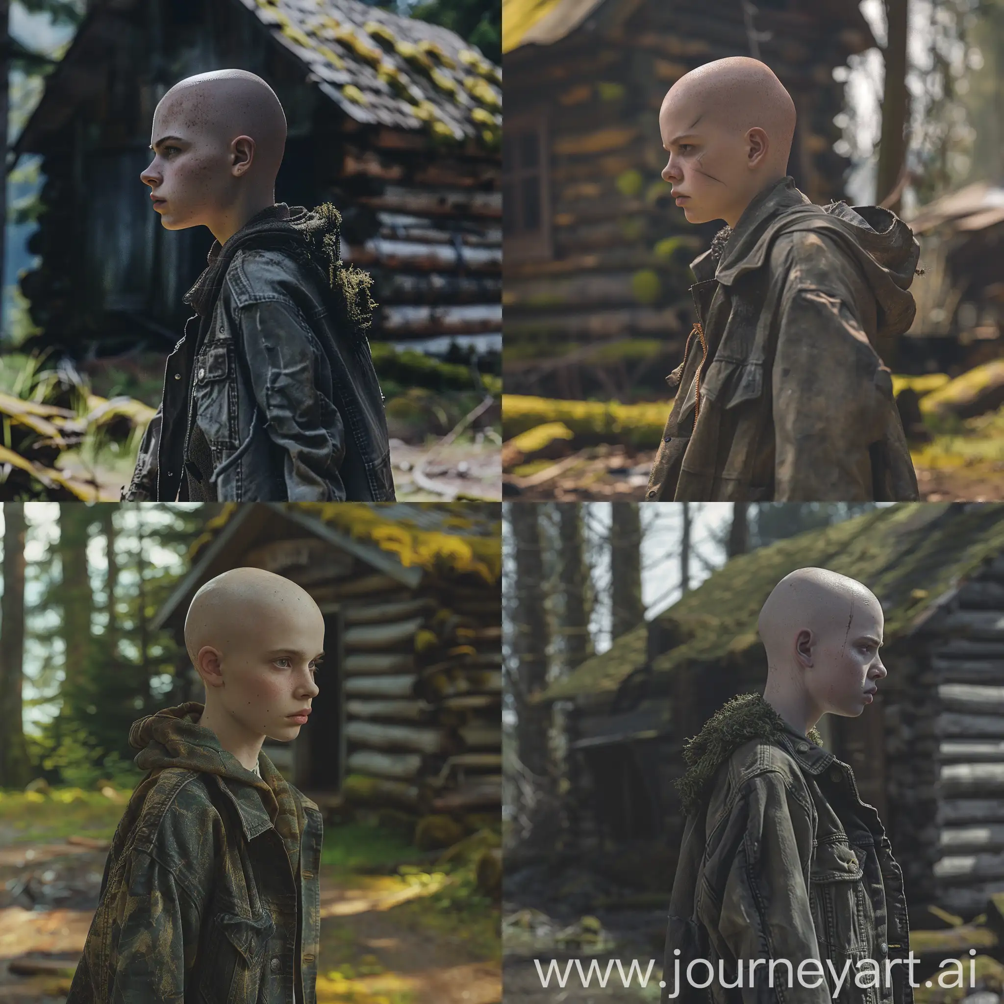 bald young man, side and slightly top view, serious look, old jacket, walking near old log lonely house in the woods, house covered with moss, gloomy atmosphere, sunny weather, hyper realism, 8K image quality, ultra detail 