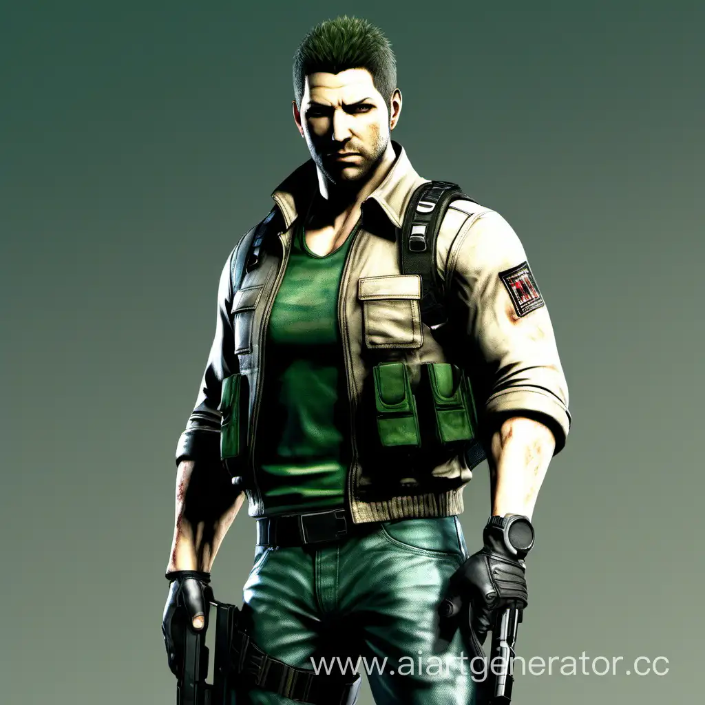 Chris Redfield in casual clothes and with a gun
