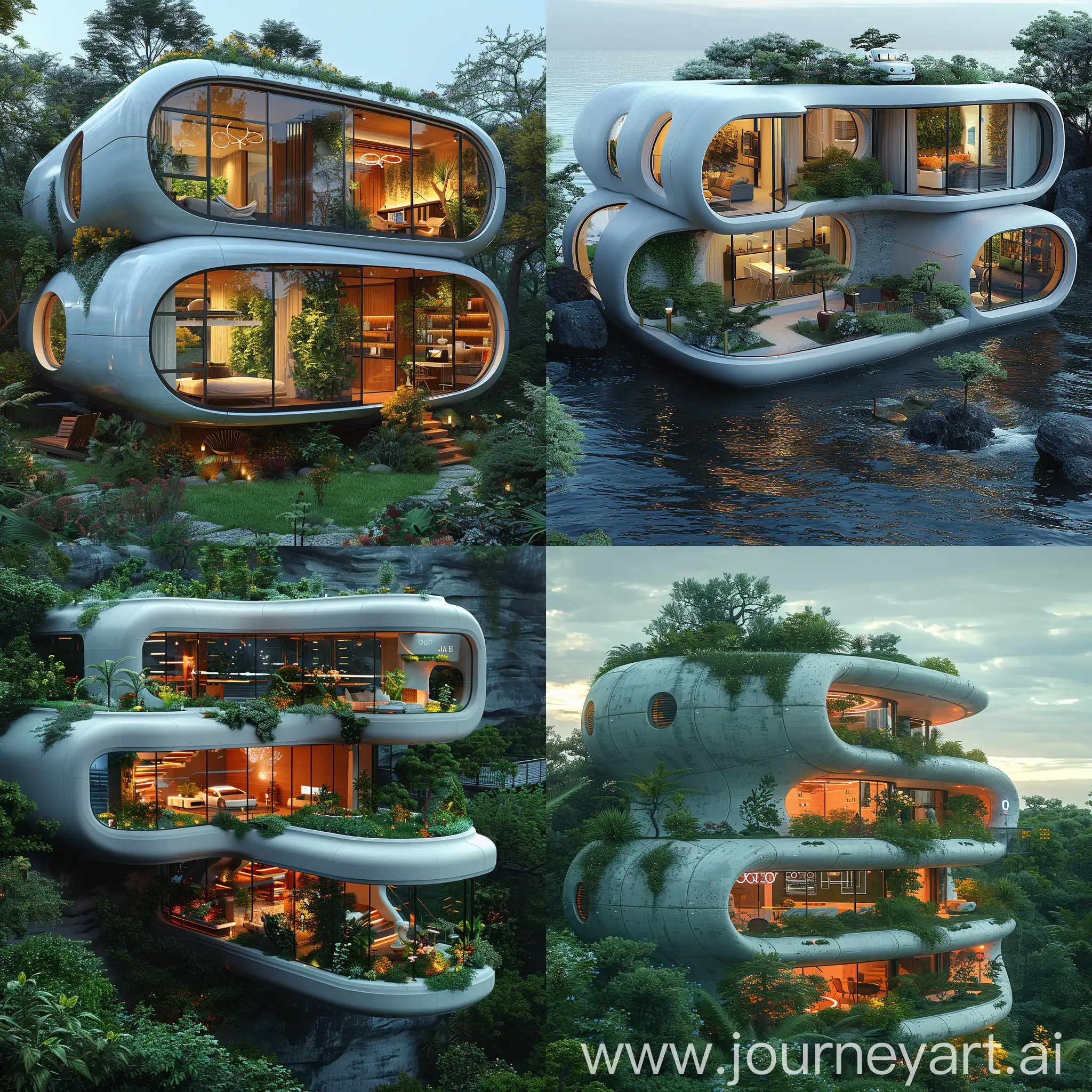 Futuristic house, Smart Home Automation, Biometric Security Systems, Augmented Reality (AR) Windows, Robot Assistants, Self-Healing Materials, Vertical Gardens, 3D Printed Furniture, Solar Roof Tiles, Holographic Displays, Underwater Rooms, Green Roof, Passive Solar Design, Rainwater Harvesting System, Geothermal Heating and Cooling, Energy-Efficient Appliances, Greywater Recycling, Bamboo Flooring, Living Walls, LED Lighting, Recycled Materials, Hurricane-Resistant Windows, Reinforced Concrete Walls, Bulletproof Doors, Steel Roofing, Fiber Cement Siding, Shatterproof Glass, Rubberized Flooring, Impact-Resistant Insulation, Masonry Construction, Anti-Seismic Design, octane render --stylize 1000