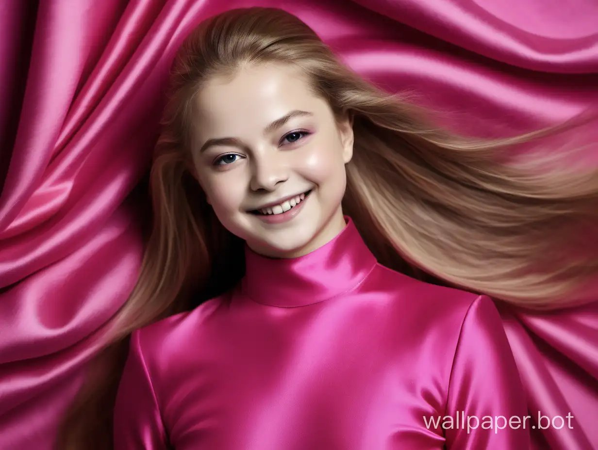 Yulia Lipnitskaya with long straight silky hair smiles in Beautiful gentle Luxurious glamour natural pink fuchsia mulberry silk fabric