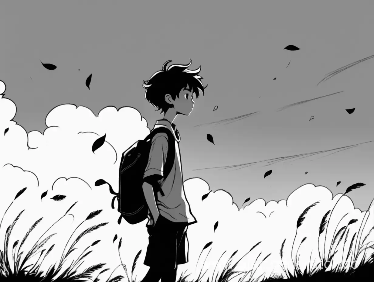 одинокий потерянный подросток мальчик с короткими волосами развивающиеся на ветру,
мультяшный,одинокий,черно-белый
