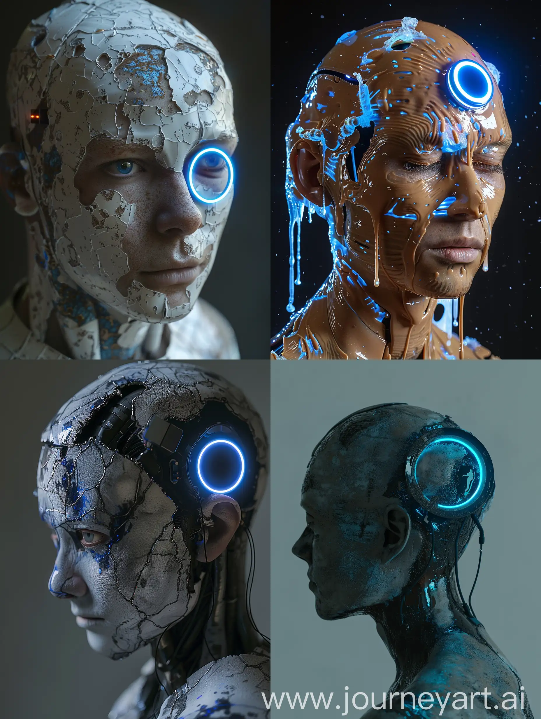 The human-like outer skin is made up of a synthetic fluid that covers the body. On their right temple, they bear a circular LED that visibly identifies them as androids and lights up in blue.

