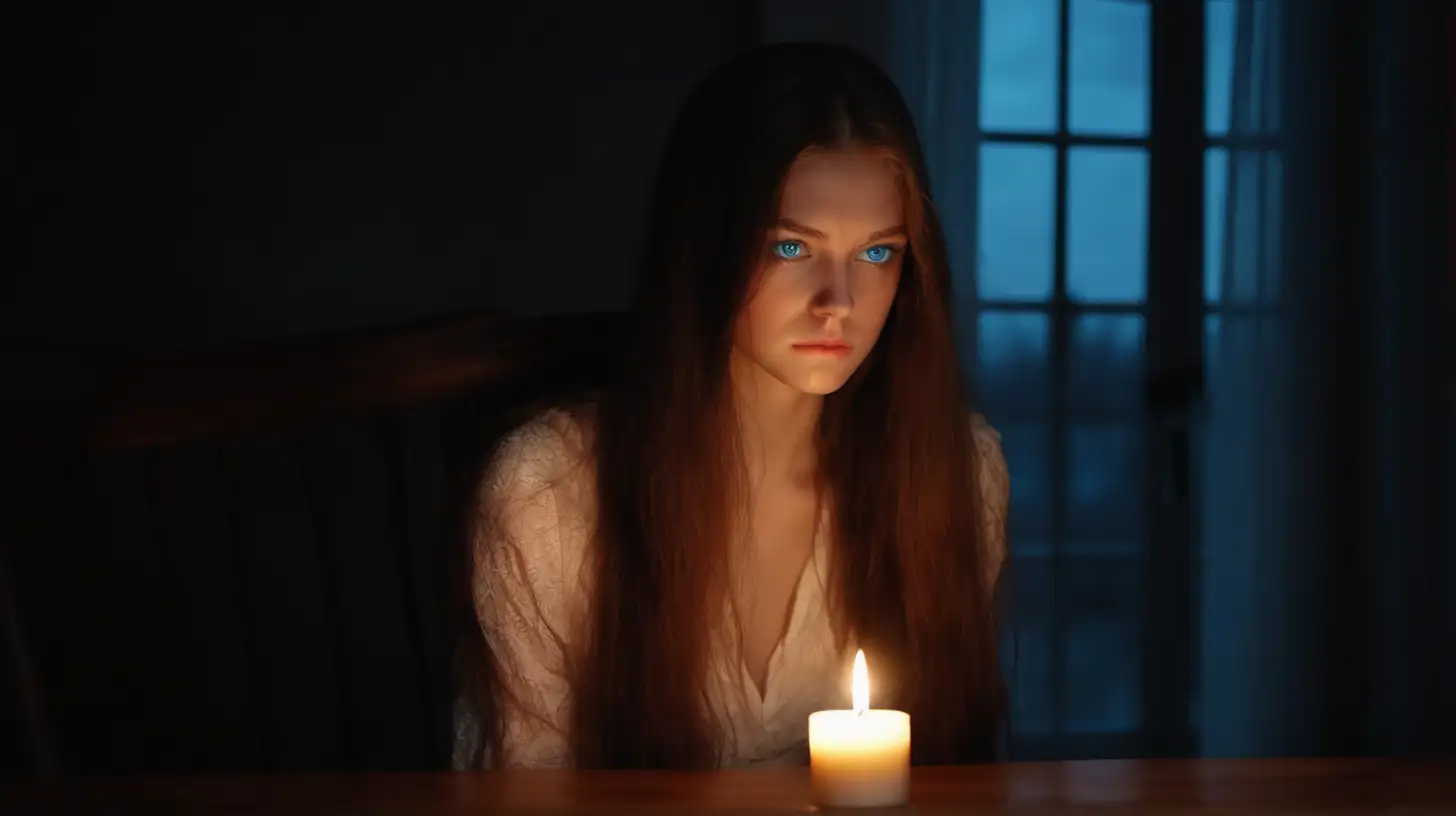 Beauty  women long hair blue eyes sadness sitting on chair and tabel candle light