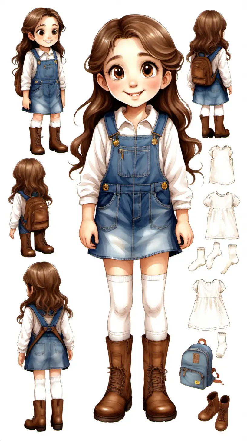 Do a character sheet of  Luna,back side, she is a 6 year old girl with brown eyes, with medium length wavy hair, brown eyes, exited and happy face, she is wearing a denim dress overall  and a white sweater with brown boots, white socks, she is caring a brown plain fabric backpack, brown backpack . Use watercolor style design, she is sitting down, back side