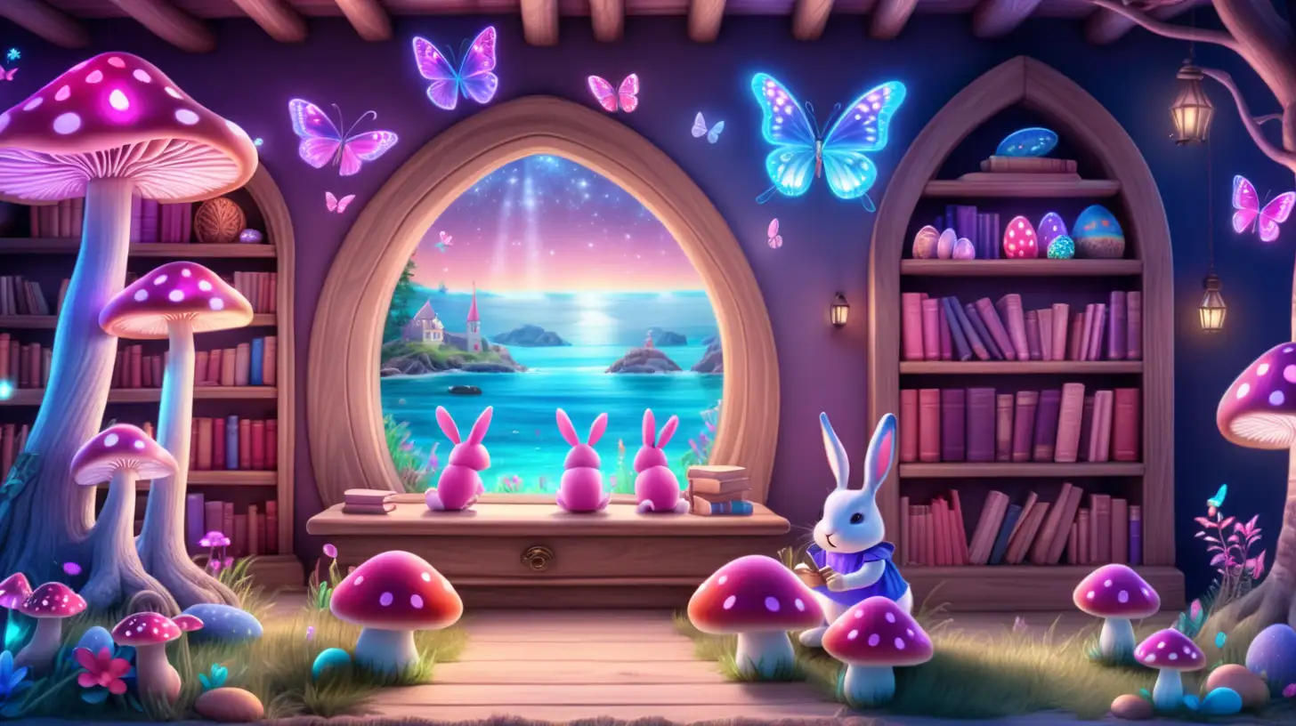 Enchanting Fairytale Scene Glowing Bookshelves Magical Trees and Pink Rabbits