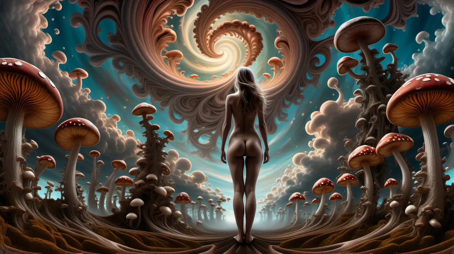 Ethereal Psychedelic Fractal Sky with Nude Goddess and Enchanted Mushrooms