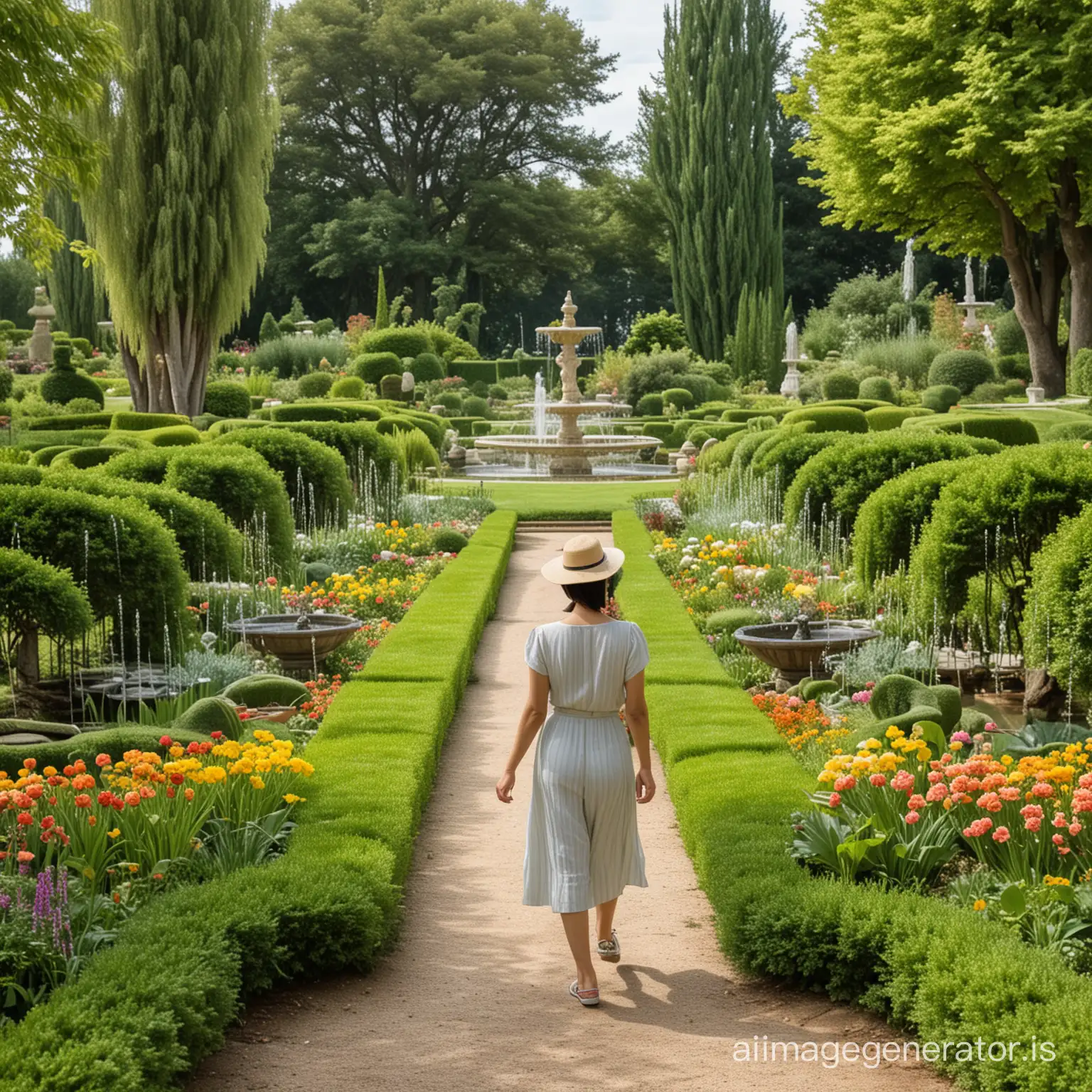 An Asian woman walking in a beautiful, extensive garden in France with many lawns and fountains.