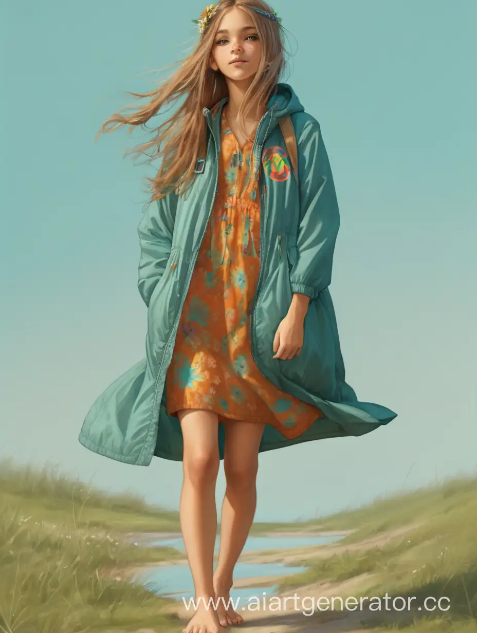  девушка хиппи в ветровке и платье с босыми ногами 