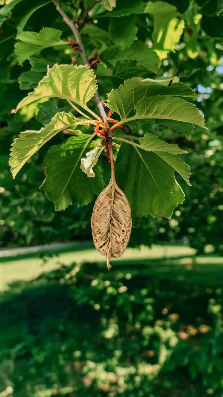 generate a hawthorn seed, hanging  on a tree branch with leaves