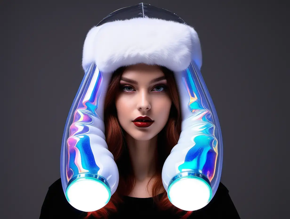 Fashionable Ushanka Hat in a Holographic Setting with Lava Lamp and Transparent PVC Inflatable