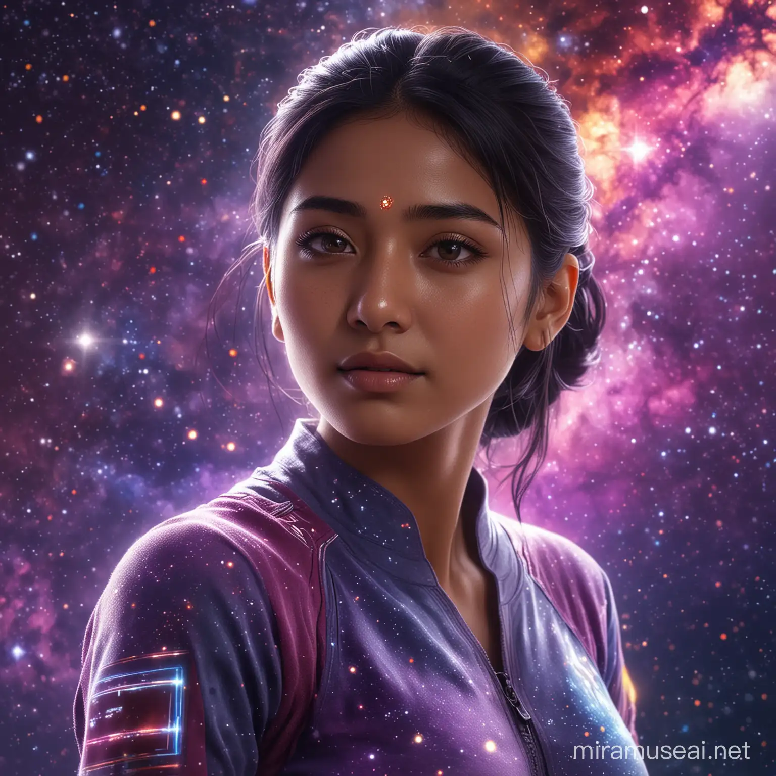 a girl mix asian indian person embrace health, and heal and being surrounded by beautiful colors and universe or galaxy background. backlight photography, CG characters, 32K, high resolution, super-realistic,