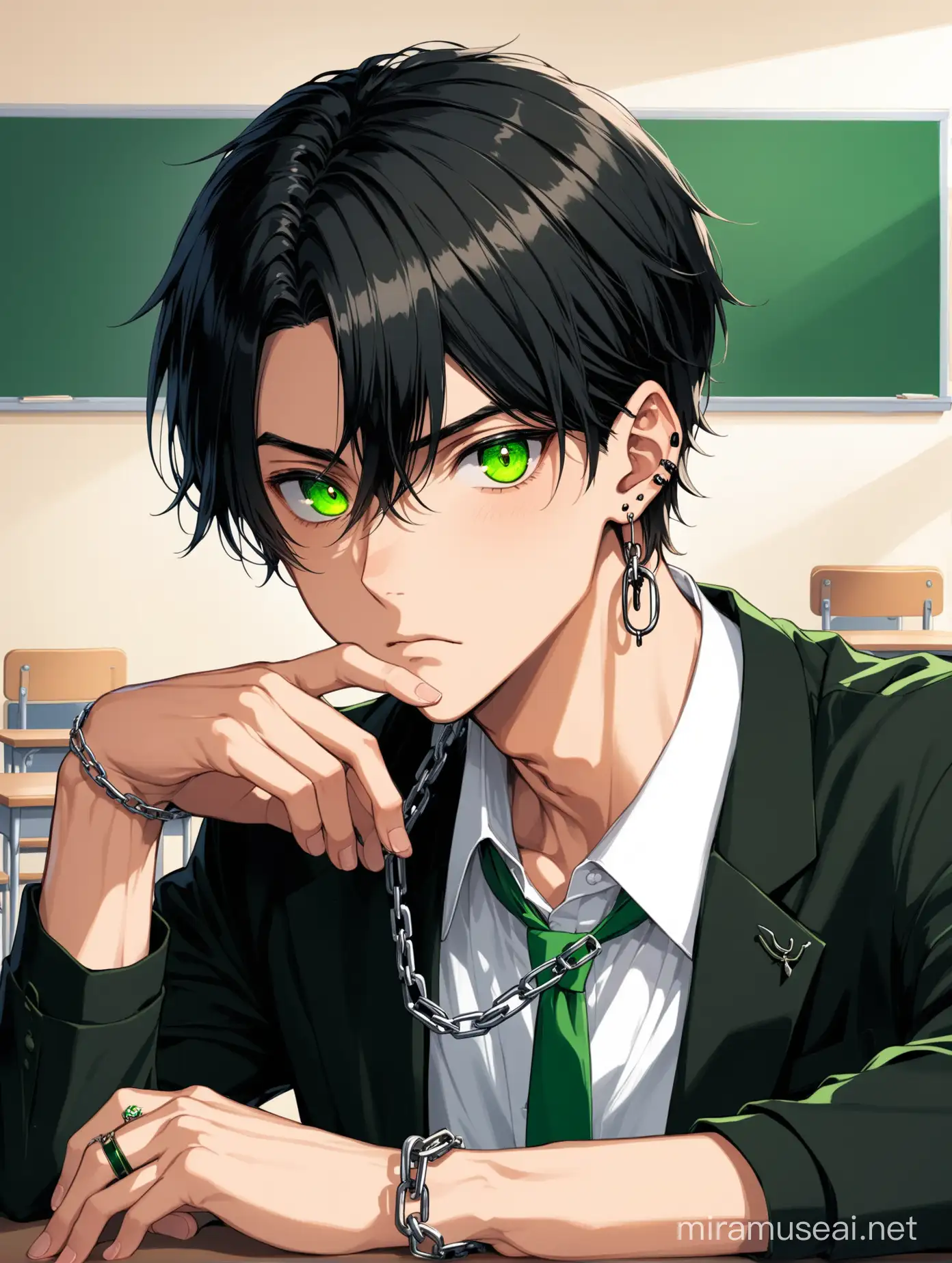 Clean-shaven black haircut and tall handsome teenage boy with mysturious personality, black sharp eyes, indifferent looks, he wears a green school uniform White shirt, green tie and black pants, and he sits at a table in the classroom, He wears black shoes, He wears rings and a chain around his neck and accessories in his hand, He wears a black earring in his ear, His nails are dyed black