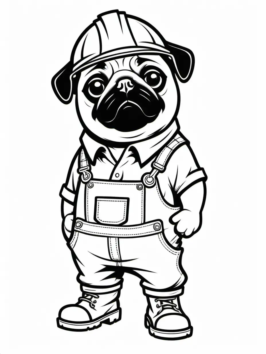 black and white cartoon outline of a side profile of a cute pug dressed as a construction working wearing boots, standing for a coloring book, outline only, thick black lines, solid white background, no logo