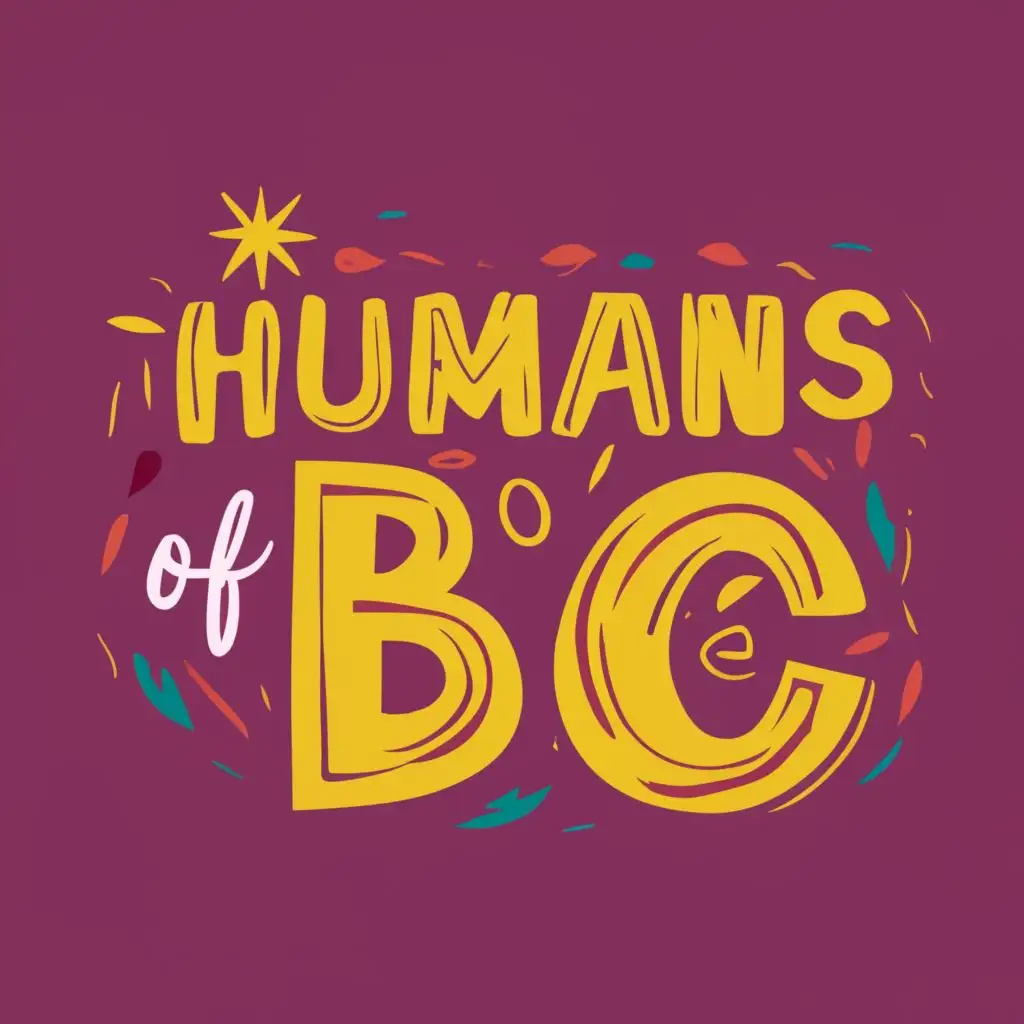 logo,  promote unity, make the letters in yellow and background maroon., with the text "Humans of BC", typography