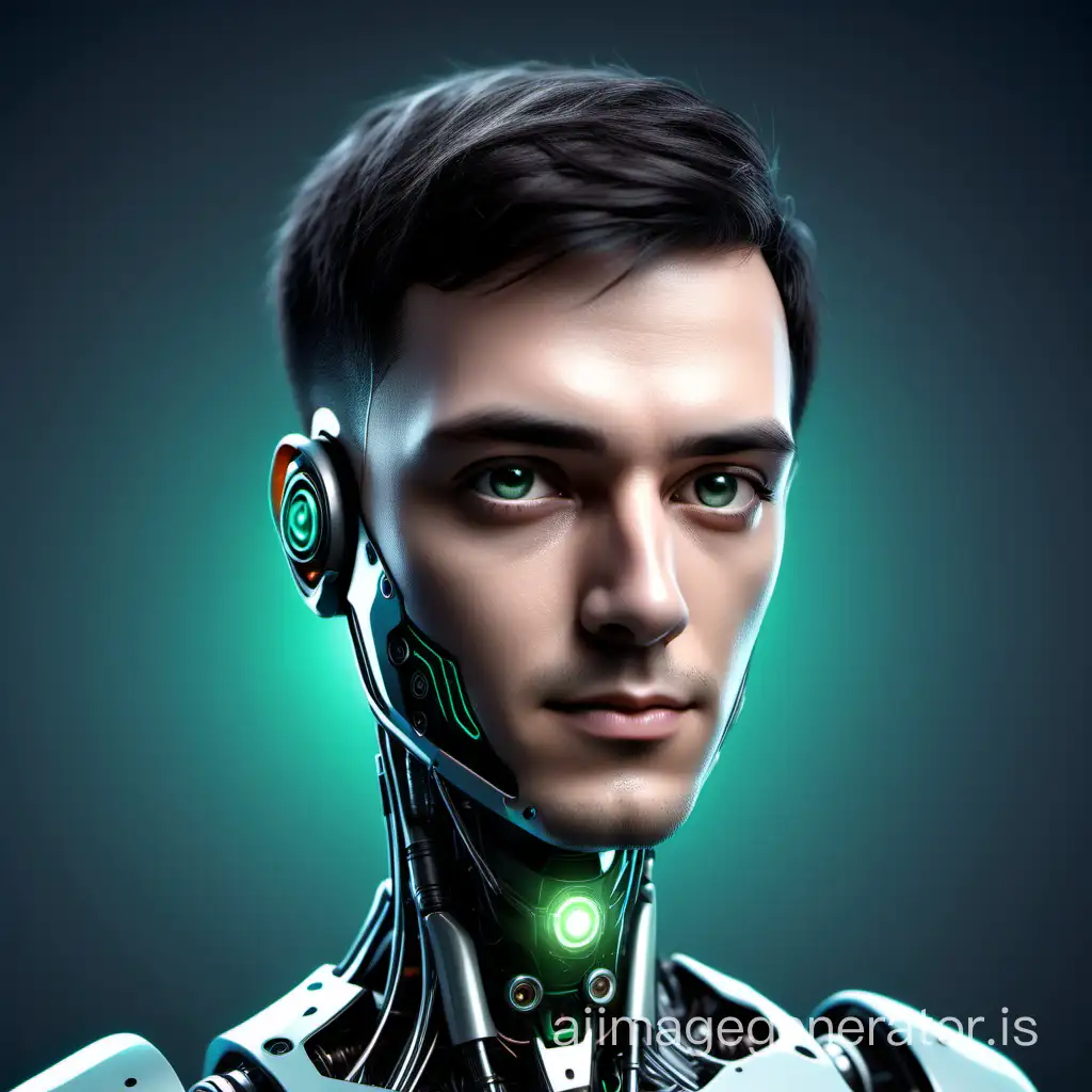 A male robot, an online assistant, personifying artificial intelligence in the form of a logo. I want to put it as the logo of the online assistant in the system. with masculine features, 25-30 years old and as futuristic as possible. with human elements such as hair, etc., without a headset or headphones. foreground. background is transparent. Without a background, the face should be looking straight at me and the body should be turned slightly to the left. Dark short hair. eyes are green. The face is completely human. The face should occupy approximately 55-60% of the frame height. This is for an avatar in a chatbot. Neck and body of the robot.
