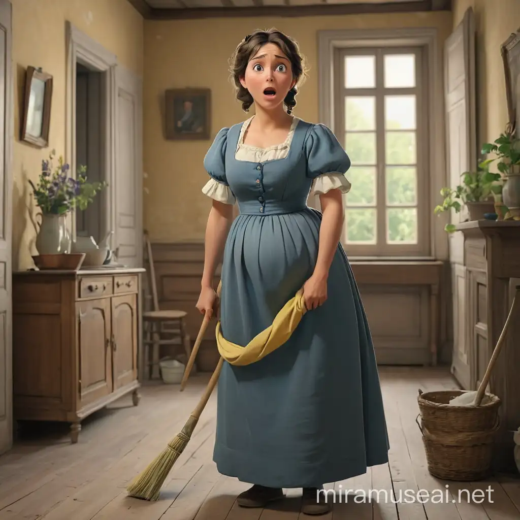 A pregnant cleaning lady in a mid-19th century French house. A woman of 40, she is surprised, she shrugs her shoulders, not understanding what is going on. We see her full-length, with arms and legs. In the style of 3d animation, realism.