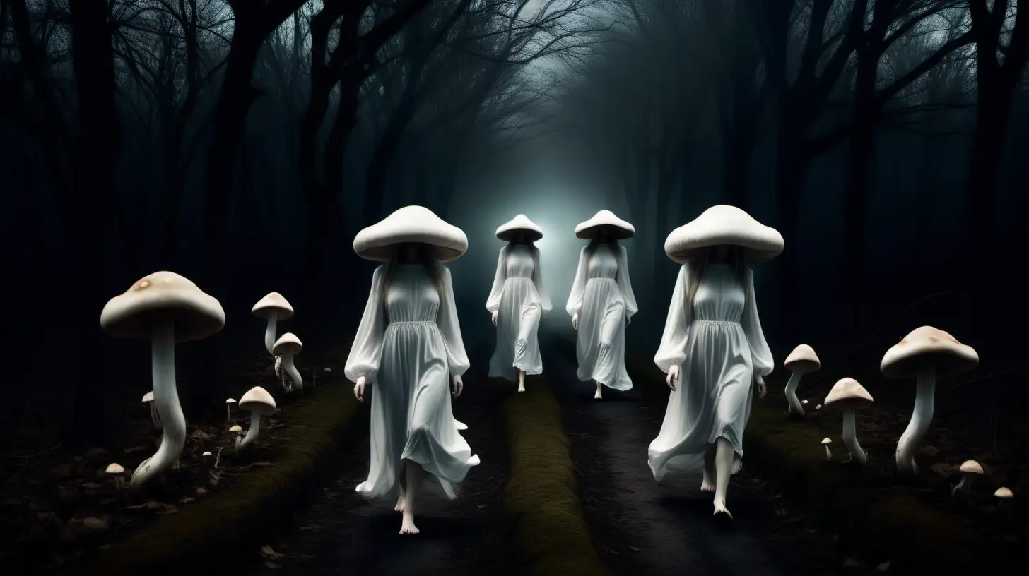 Shadowed angelic female figures walking towards the viewer with ghostly cloudlike legs, landscape is dark moody, long stalked mushrooms glowing on the ground