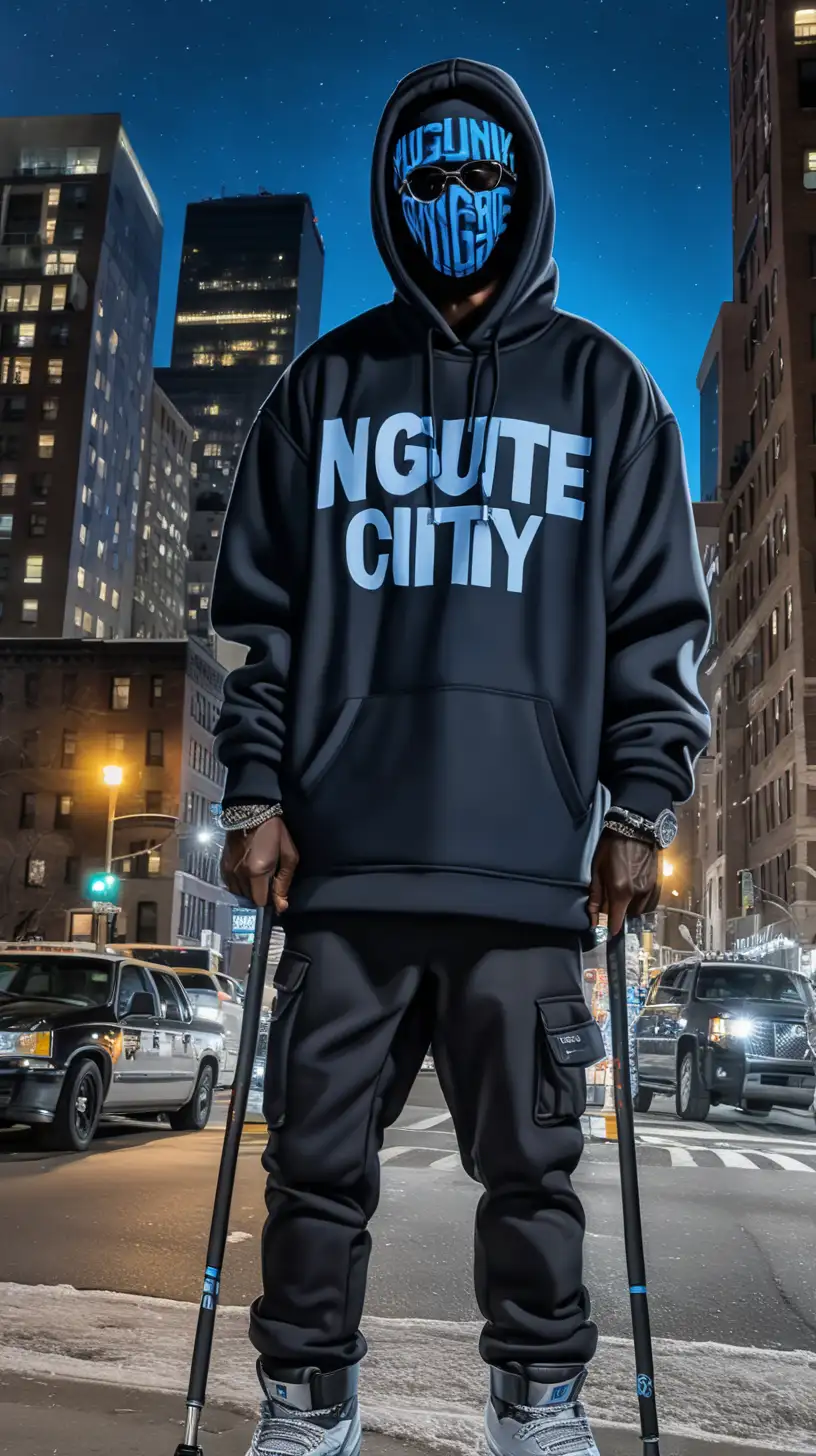 Tall skinny black man drill rapper name OGNUTE. Has a full ski mask. blue gray and black clothes. New York City Neighborhood night time in the background