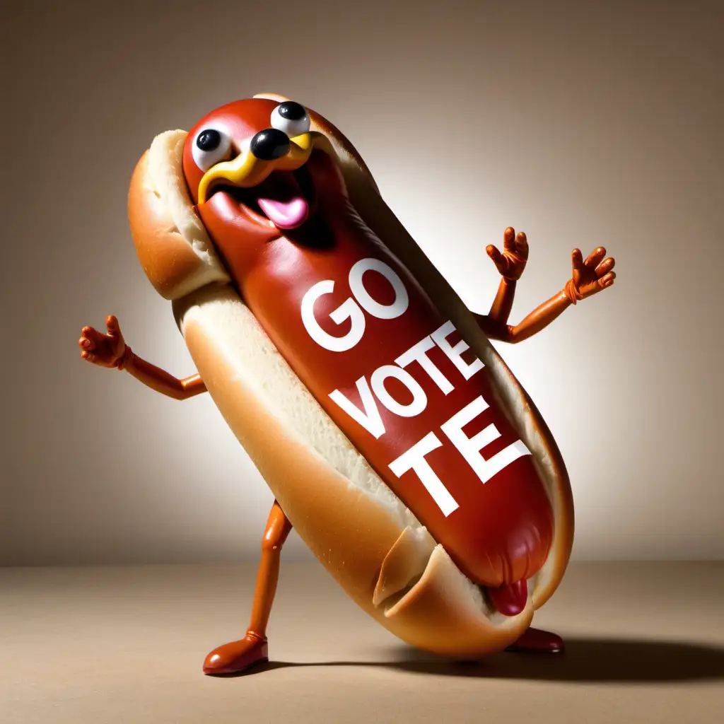 A dancing hot dog in a bun with "GO VOTE" written on its side.