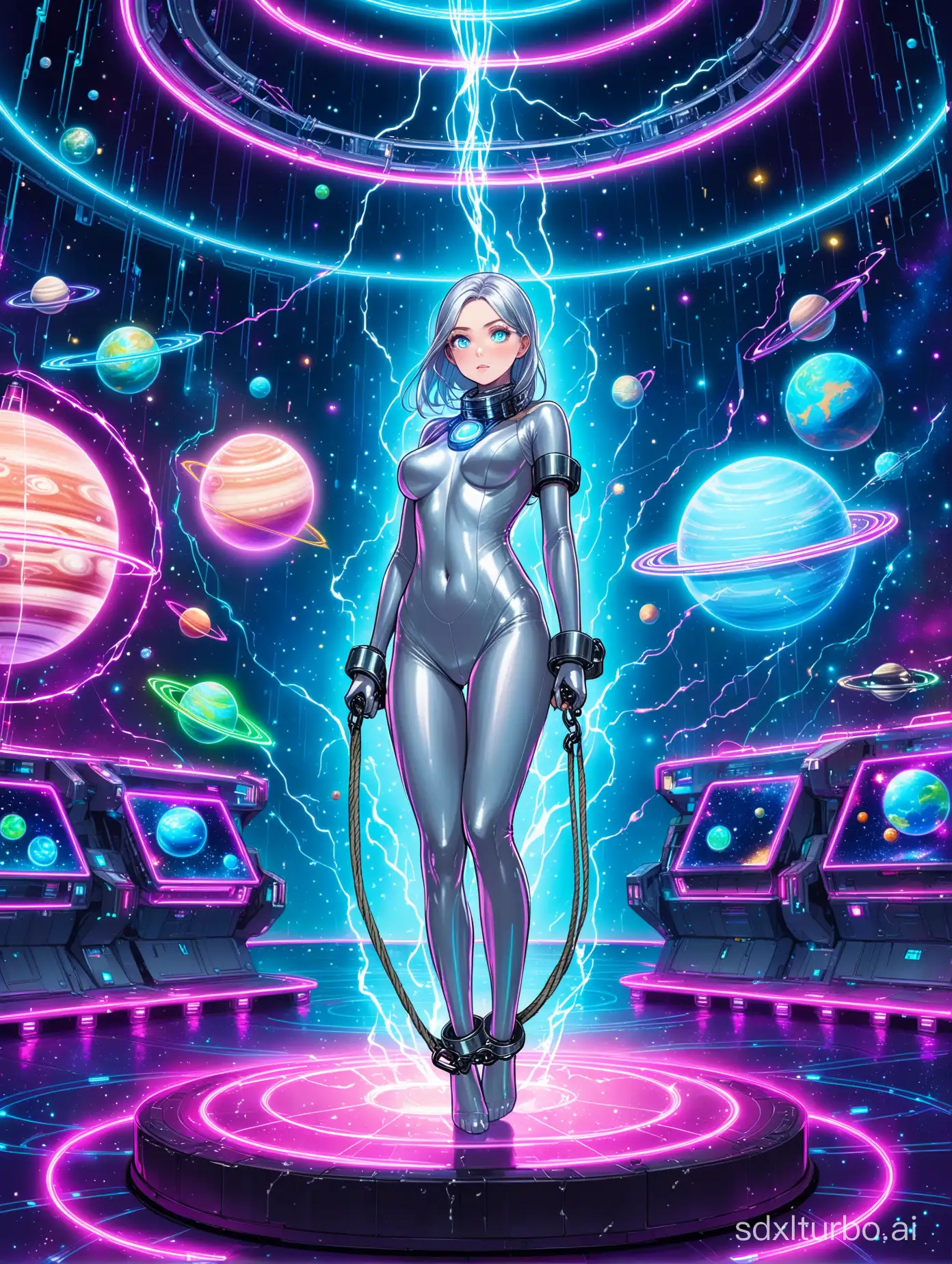 A futuristic setting with a woman in a tight silver bodysuit, handcuffs, and a rope around her neck. She has large blue robot eyes, and they are filled with sparks of electricity that look like cum. She is standing on a platform surrounded by neon lights and holographic images of planets and galaxies.