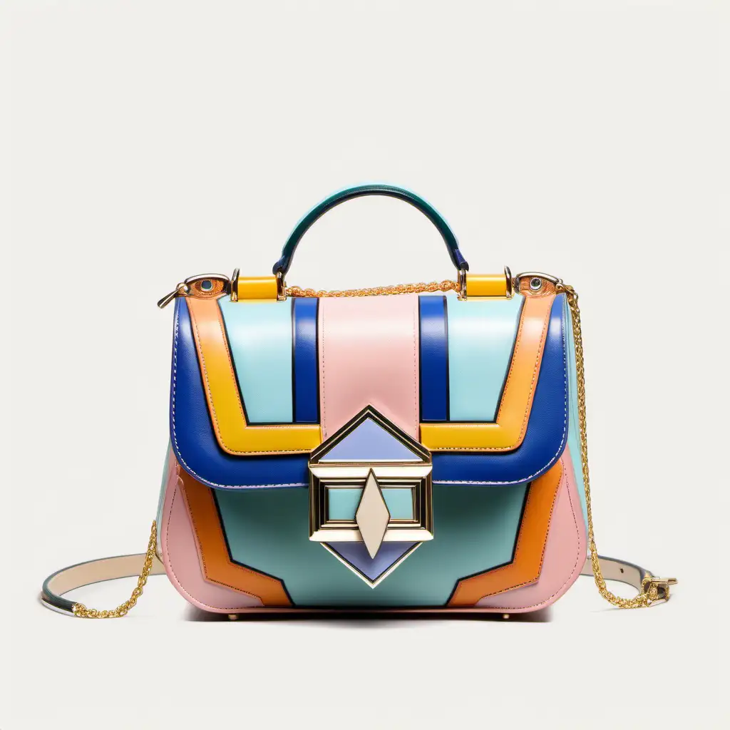 Contemporary innovative style mini geometric bag in leather - sicilian maiolica inspired -  luxury - frontal view - geometric inserts flap and metal buckle - pastel colors