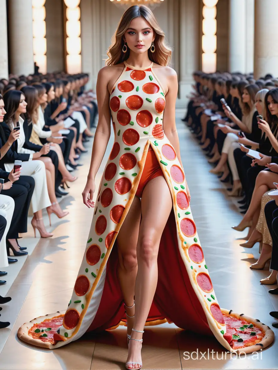 Masterpiece, top quality, ultra-fine, very delicate, 4K, 8K, top quality, beautiful, realistic, real, Paris collection, personified pizza 🍕 walking the runway, (full-body shot), (audience on both sides), Paris collection runway, super delicate pizza, pizza shaped like a person, Paris collection runway, (eccentric fashion), outrageous fashion, flashy fashion, Paris collection