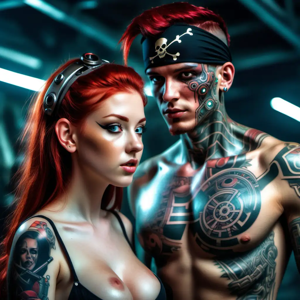 Realistic 8k photo. A wonderful woman, 18 years old. She has the face of a cyborg, big breasts. big neckline, pirate headband, tattoos on her face, but she is extremely beautiful. She has futuristic red hair. woman looks excitedly at her cyborg boyfriend