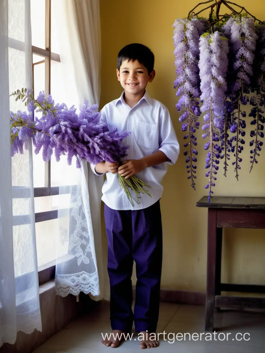 Утро, комната, окно с белой ,ажурной тюлью, рядом стоит красивый мальчик национальность кечуа,8 лет с короткими,чёрными волосами, в брюках и рубашке, улыбается, держит в руках букет глицинии.