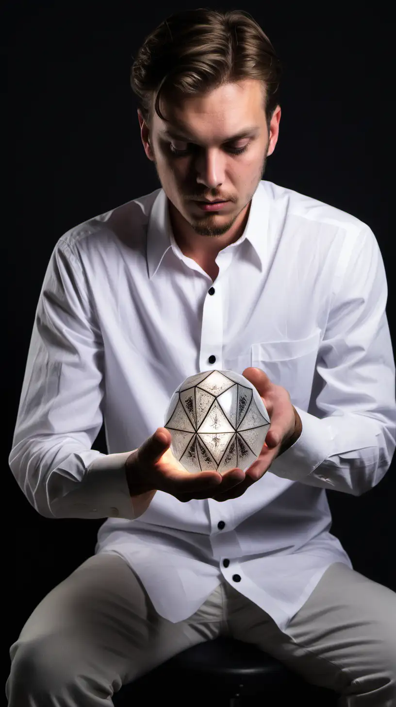 Man Holding Crystal Fortune Teller Ball in White ButtonUp Shirt