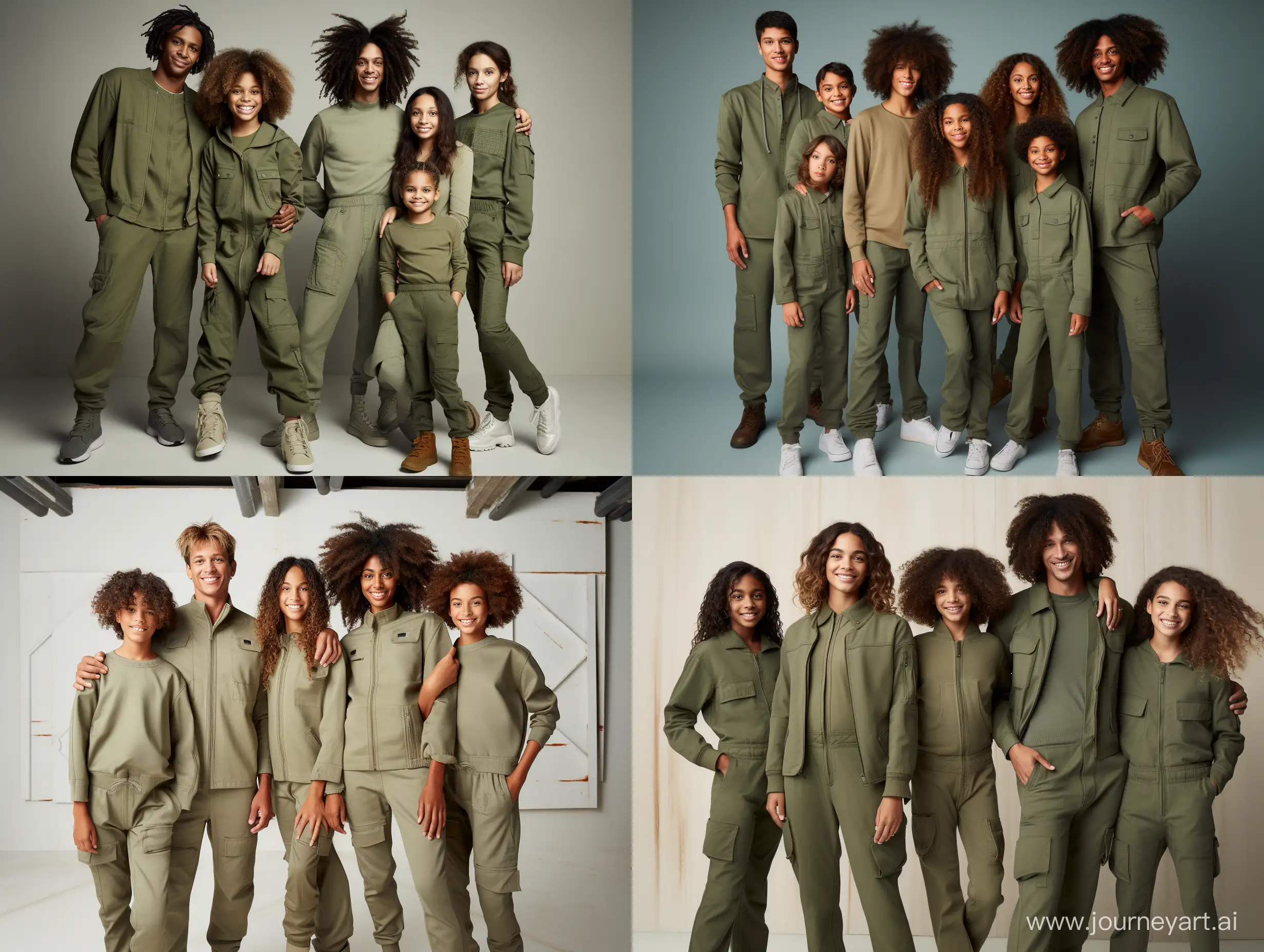 a group with a man, woman, children,  girl, boy and a teenager standing next to each other, green and brown clothes, natural muted tones, utilitarian, 2 0 2 0 fashion, earthy colours, muted colors. ue 5, flight suit, earthy tones, jumpsuit, jumpsuits, subtle earthy tones, air force jumpsuit, green clothing, muted green, modern earthy neutral earthy, green clothes, jumpsuits with zips between the limbs and overalls in recycled plastic, linen or organic cotton, mannequins with realistic skin texture.  black and white colors, casual clothe style,separating suits with zippers. streetwear clothes

