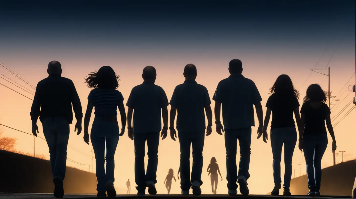  Four middle aged men and three middle aged  women, all wearing jeans, walking fast down a  scary ally at dusk. They are walking with their backs to the viewer, and in silhouette. 





.

