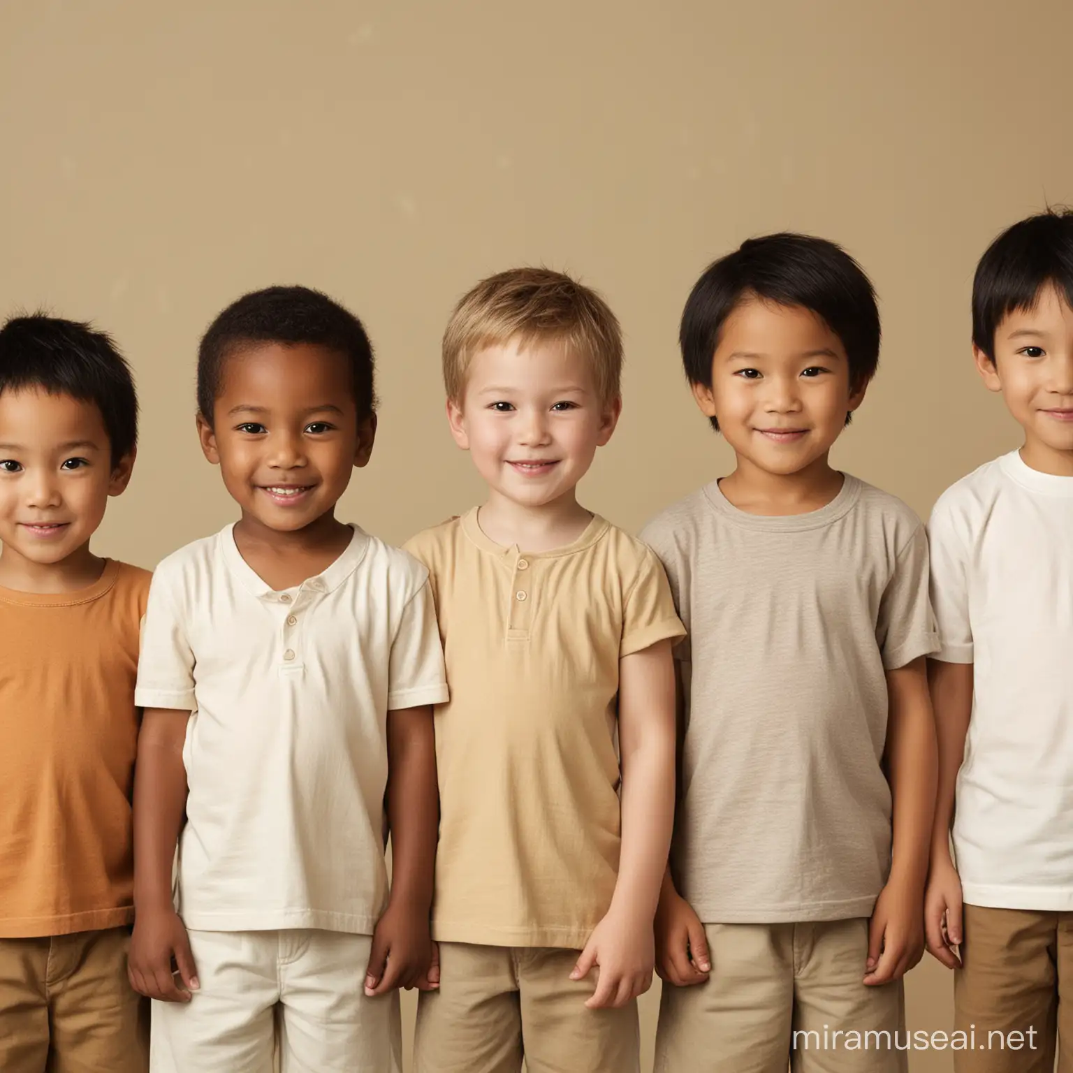 a row of children: one black child, one white child, one Asian child and one brown child
