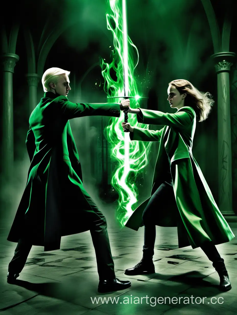 Драко Малфой и Гермиона Грейнджер сражаются вместе против врагов, зеленый луч, кровь, магия