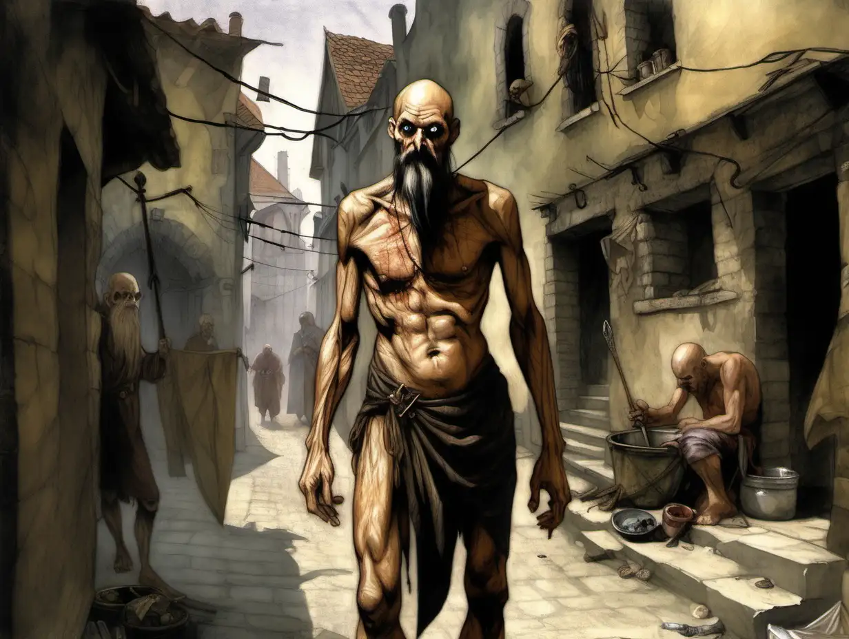 naked very skinny bony thin hunchbacked bald beggar, pointy black beard, loincloth, busy city, dirty alley, day, Medieval fantasy painting, MtG art