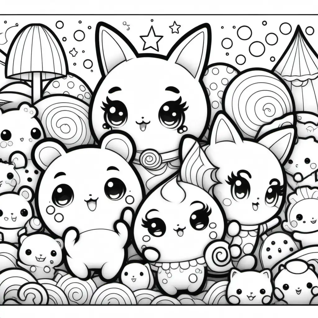 coloring book page,cute kawaii characters in the style of a coloring book page black and white, clear defined dark lines and line border
