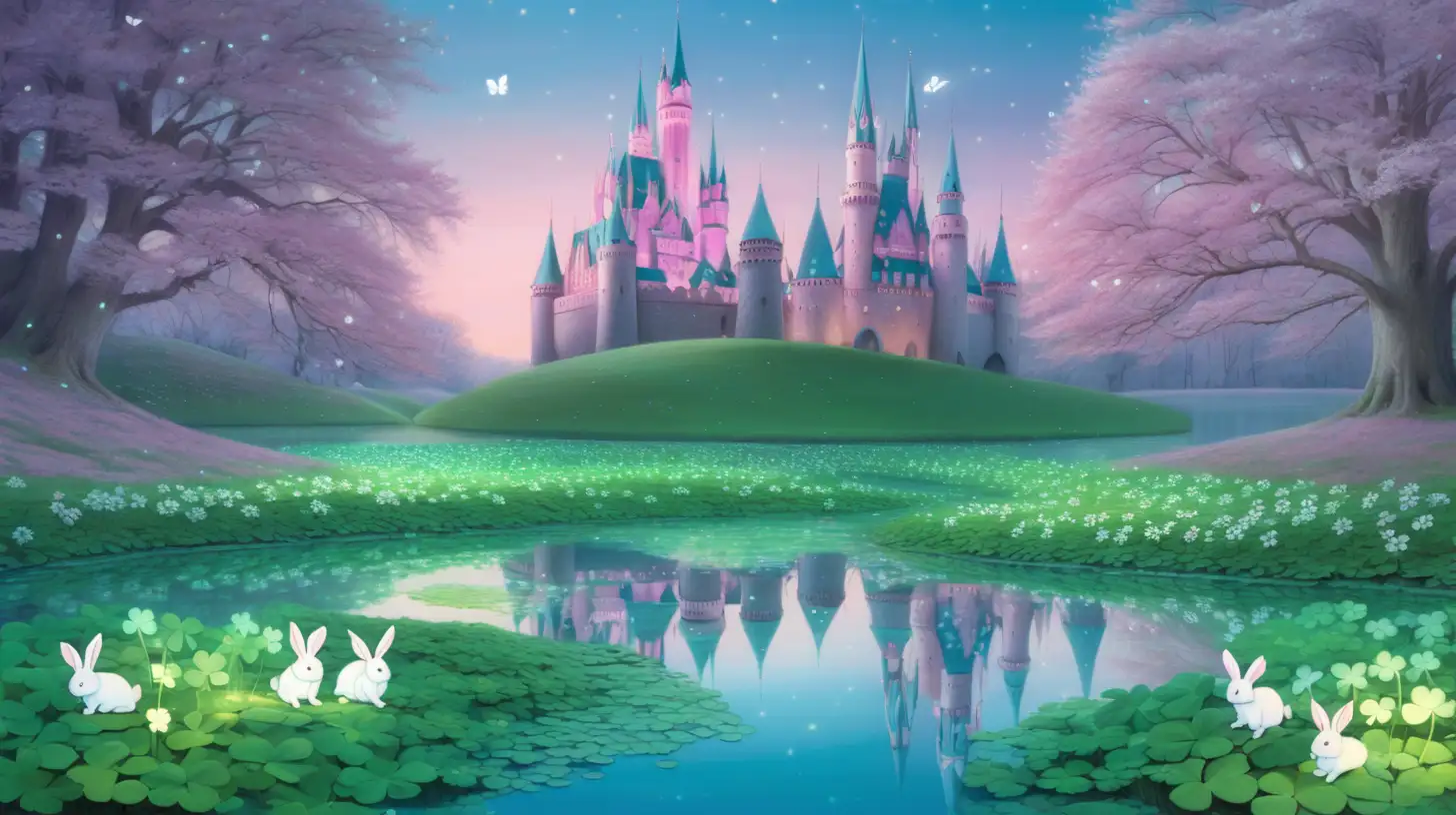 green shamrocks, glowing pond, magical castle, one small pastel pink-rabbit, one small pastel purple-rabbit, one small pastel blue-rabbit, clovers and shamrocks