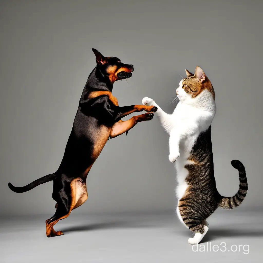 A dog dancing with a cat