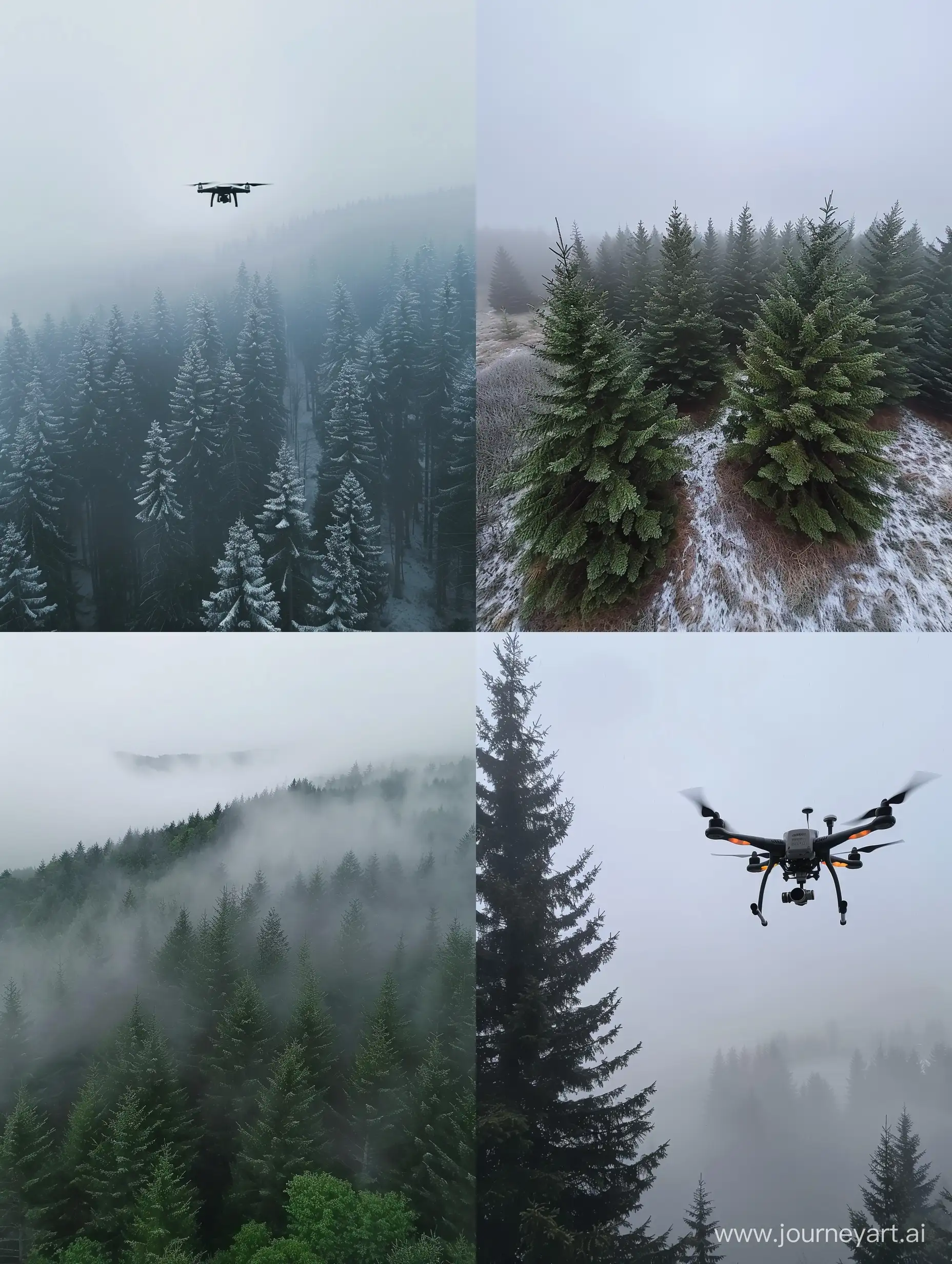 Misty-Pine-Trees-Aerial-View-Captured-by-Quadcopter-in-Overcast-Weather