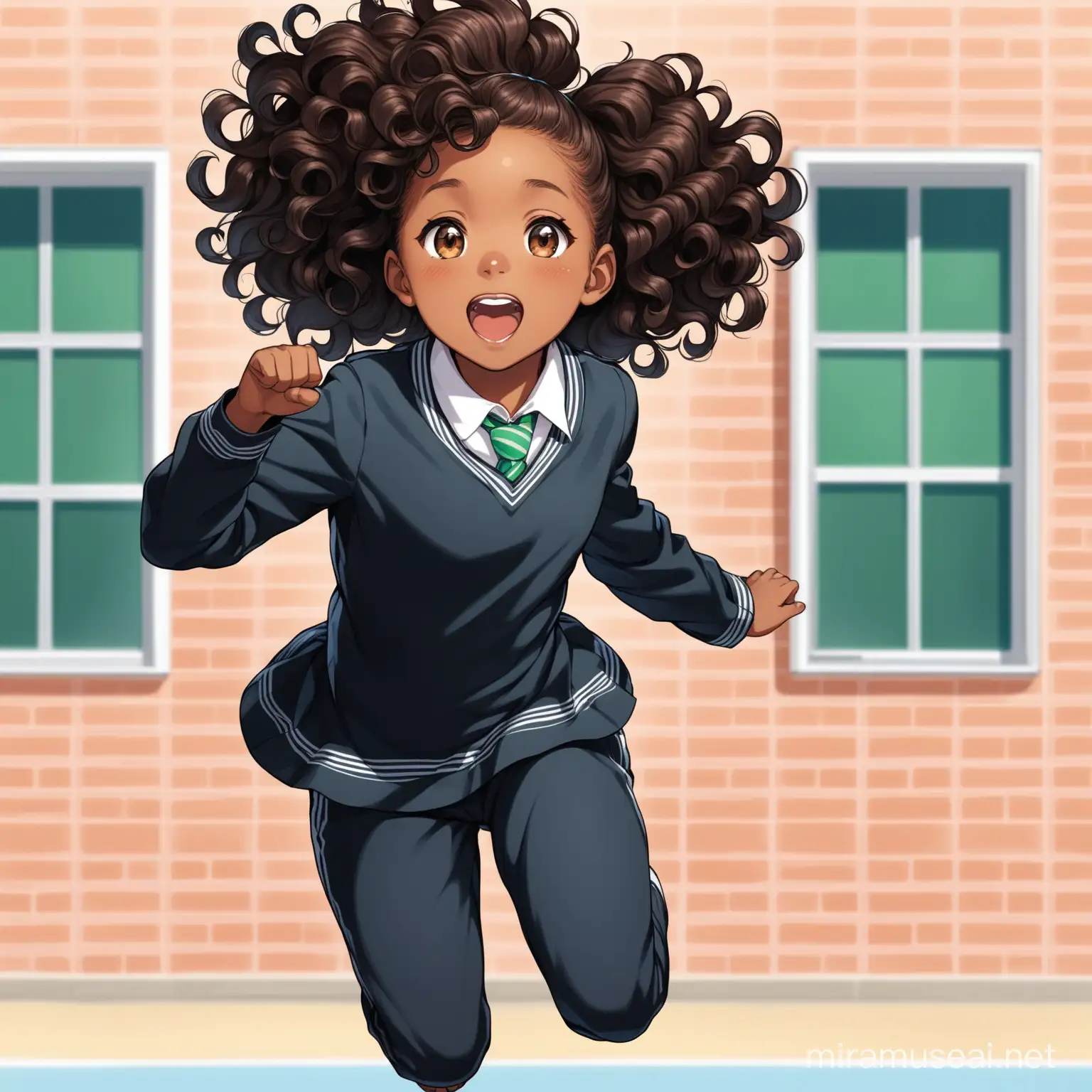 a 9 year old black girl with curly hair jumping up and own in front of a school building