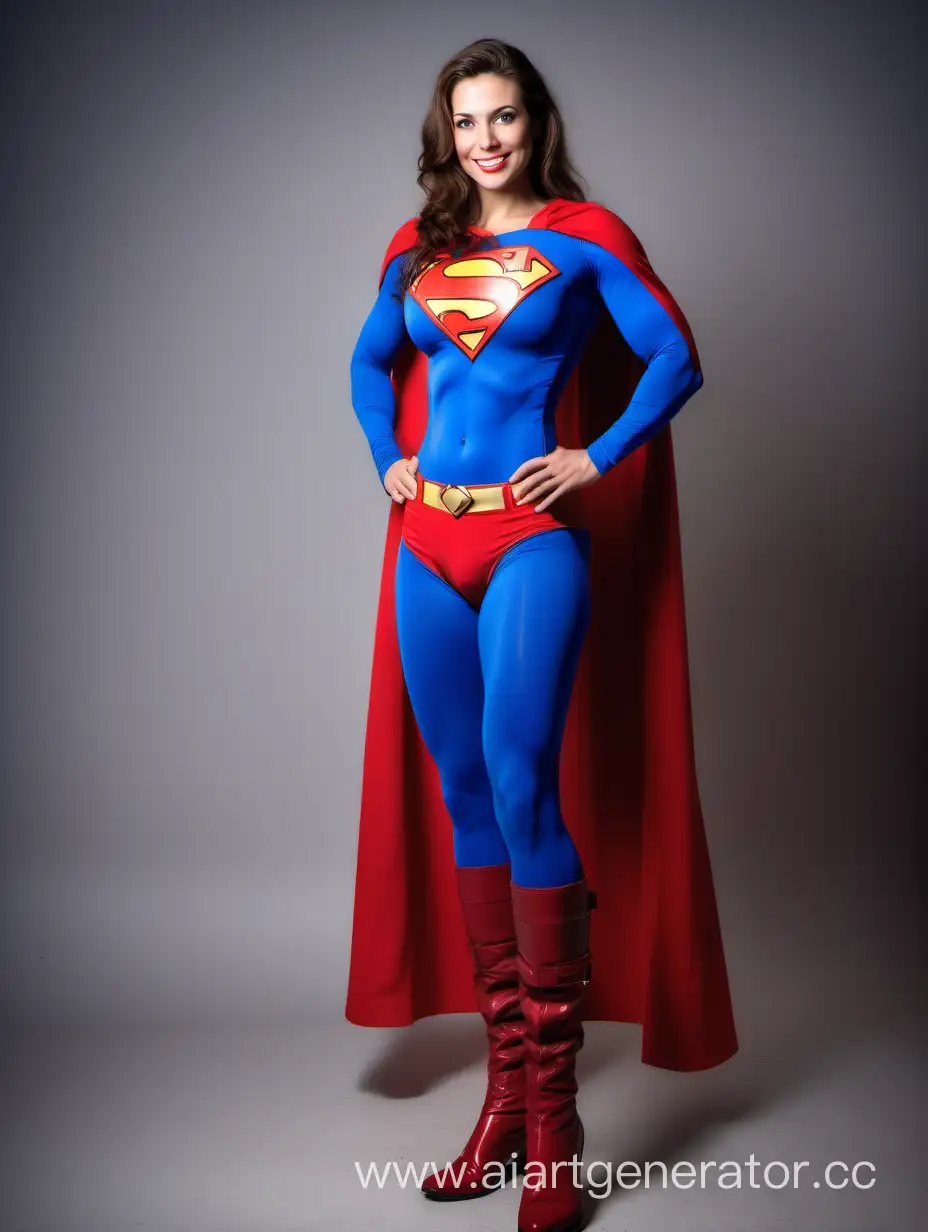 A pretty woman with brown hair, age 26. She is happy and confident and strong. She is extremely fit and muscular. Her arm muscles are over overdeveloped. Her leg muscles are over overdeveloped. Her chest muscles are over overdeveloped. Her abdominal muscles are over overdeveloped. She is wearing a Superman costume with (blue leggings), blue long sleeves, red briefs, red boots, and a long flowing cape. She is posed like a superhero, strong and powerful. Enormous muscles expand beneath her costume. 
Bright photo studio.
