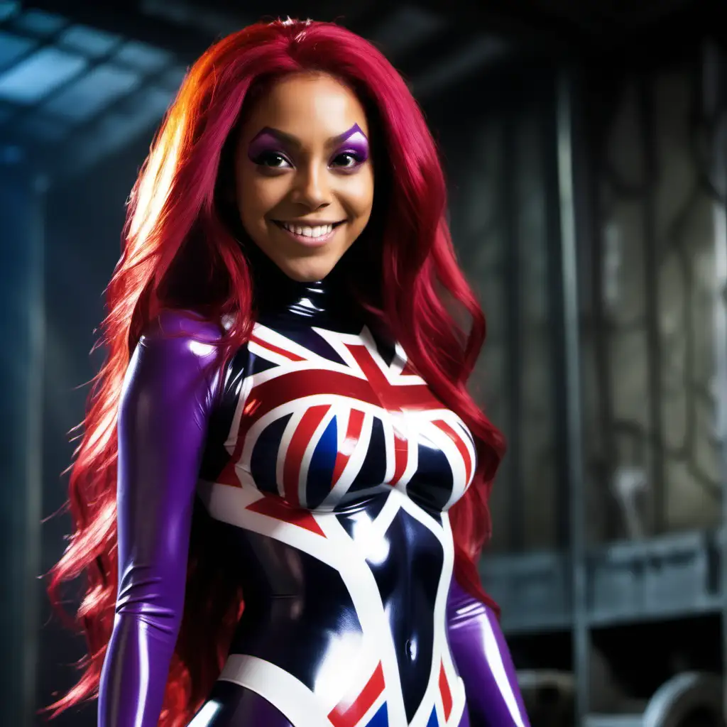 Portrait of Starfire from teen titans smiling and wearing a latex suit with a Union Jack pattern. she is standing in a villain's evil lair.