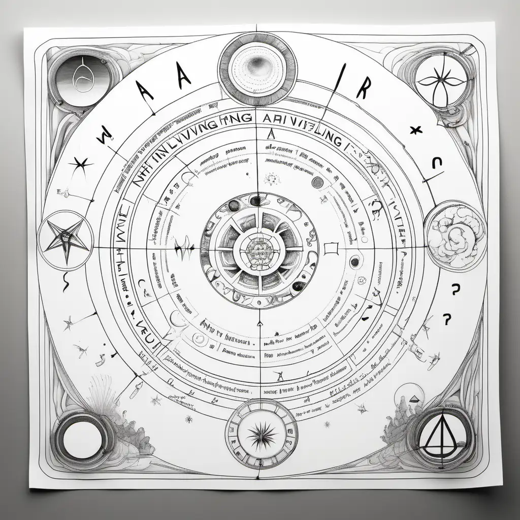 astrology air element  information page on pure white paper   front view can you draw in text 'BUNLARI NEDEN YASIYORUM? COK AGIR DENEYIMLER YASAMAK'