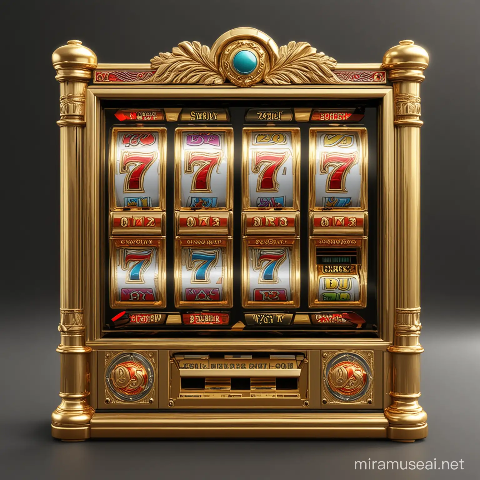 very premium and luxury, so detail full size slot game machine, it is a gold colour, realistic