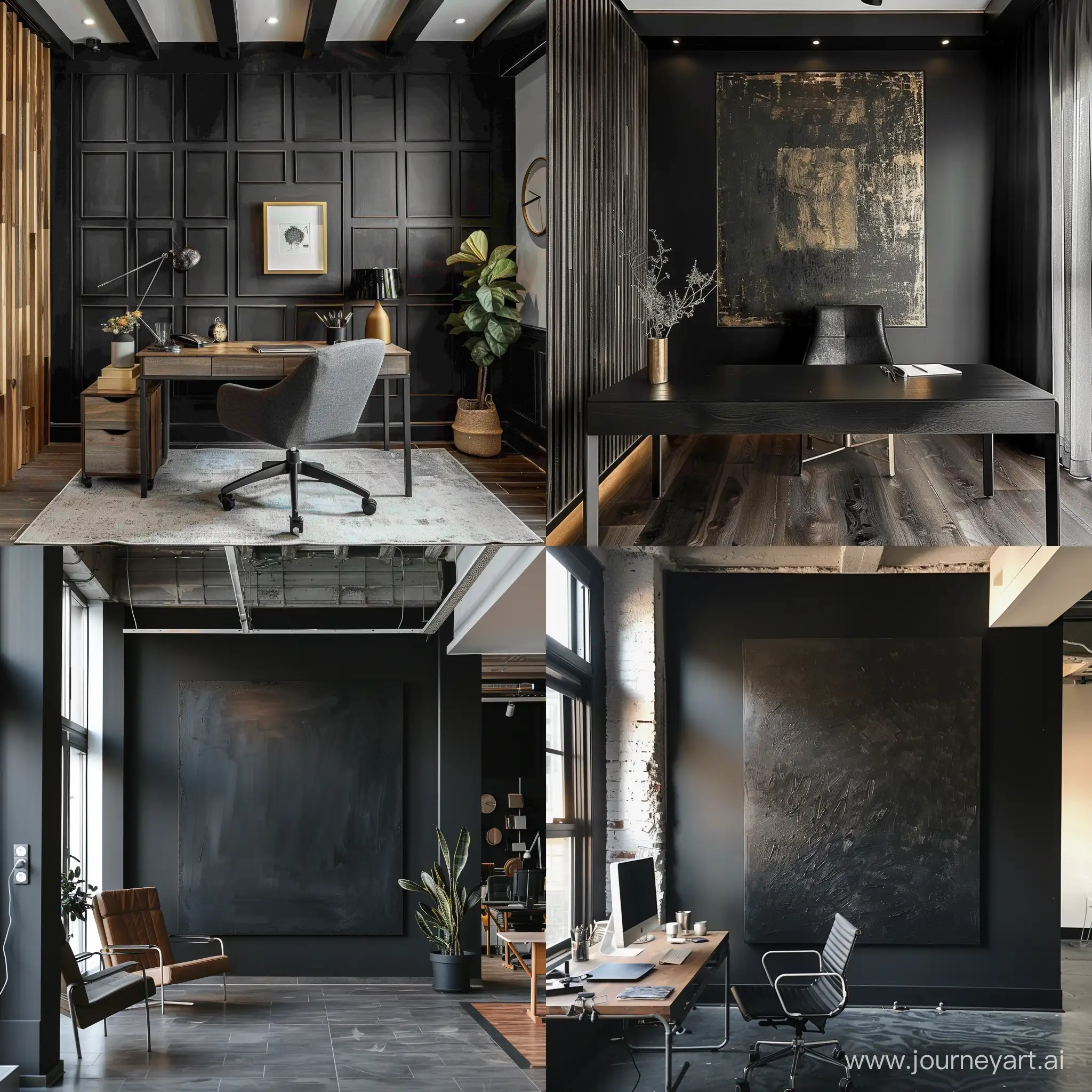 Modern black office aesthetic vibe with one square wall painting one dark wall