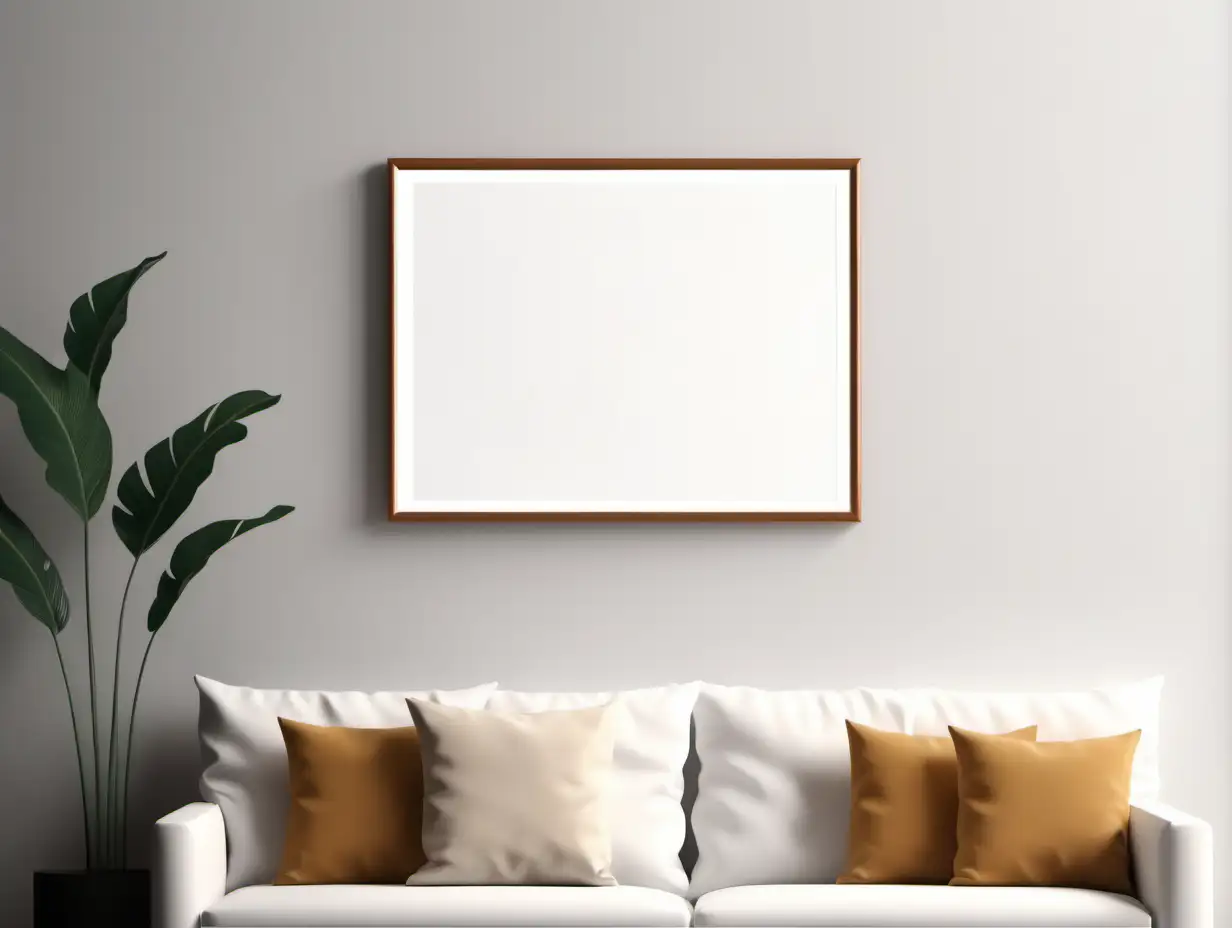 A picture frame mockup hanging on the wall art hand on the wall where the canvas is blank or empty, living room setting with sofa